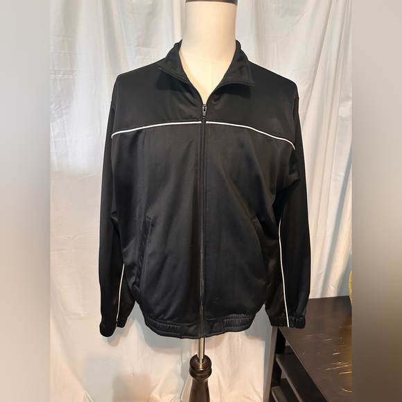 Tek Gear Black Track Jacket. Pockets. Men’s SZ Large. Full Zip.  White Stripe. - Picture 1 of 7